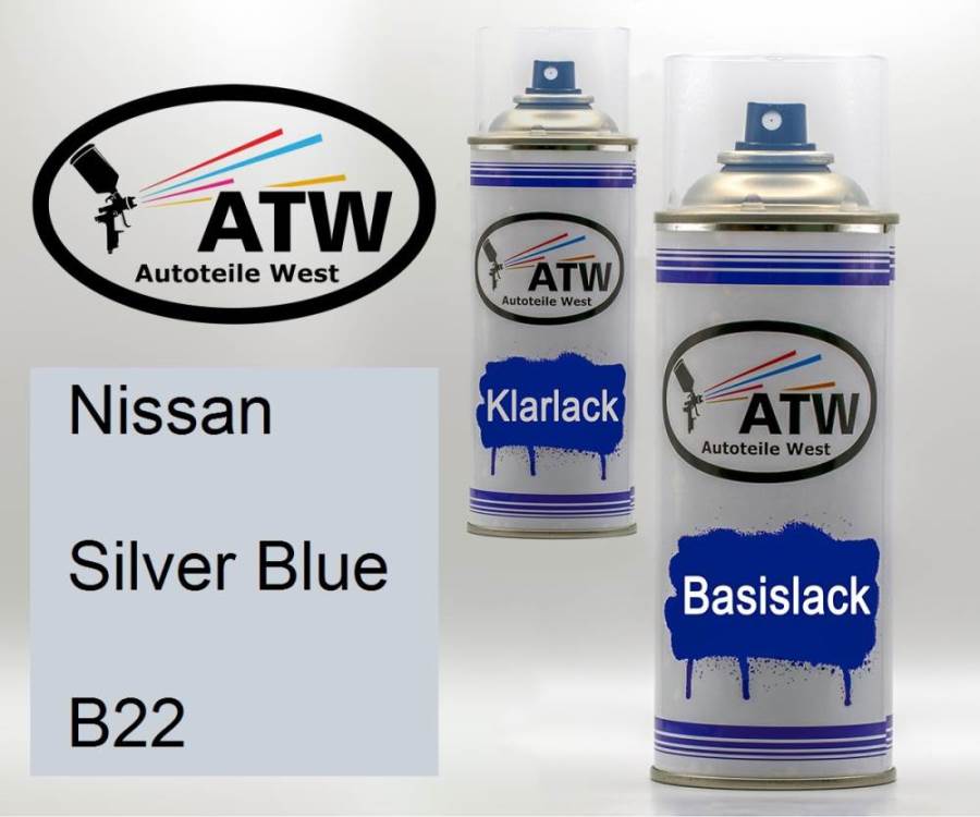 Nissan, Silver Blue, B22: 400ml Sprühdose + 400ml Klarlack - Set, von ATW Autoteile West.